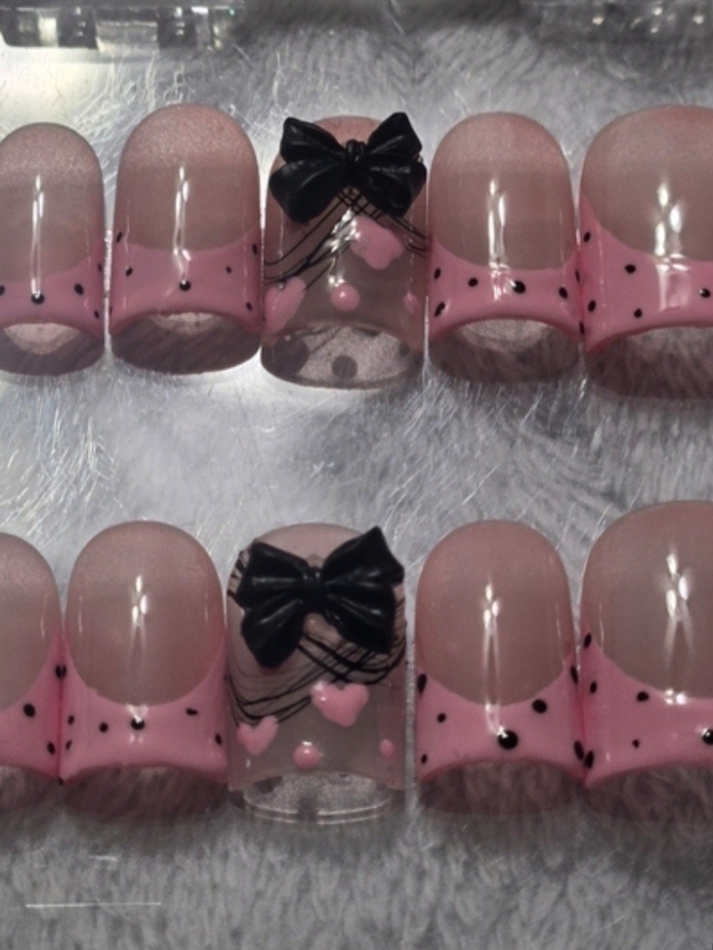 Hand Crafted Pink & Black Bow Accent Press-On Nails